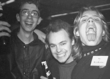 Taken in Ikari/Dom/Zargon-party Denmark 1989,
we see here (left->right) the famous hacker/coder Karl XII, New Age/(B) and Sky(B)